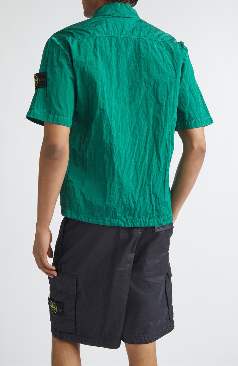 Stone Island Compass Logo Patch Short Sleeve Nylon Zip-Up Camp Shirt, Alternate, color, Malachite