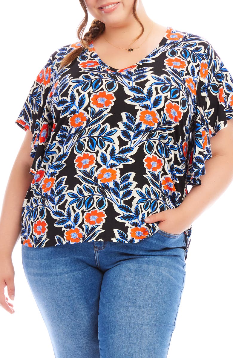 Karen Kane Floral Flutter Sleeve Jersey Top, Main, color, Print