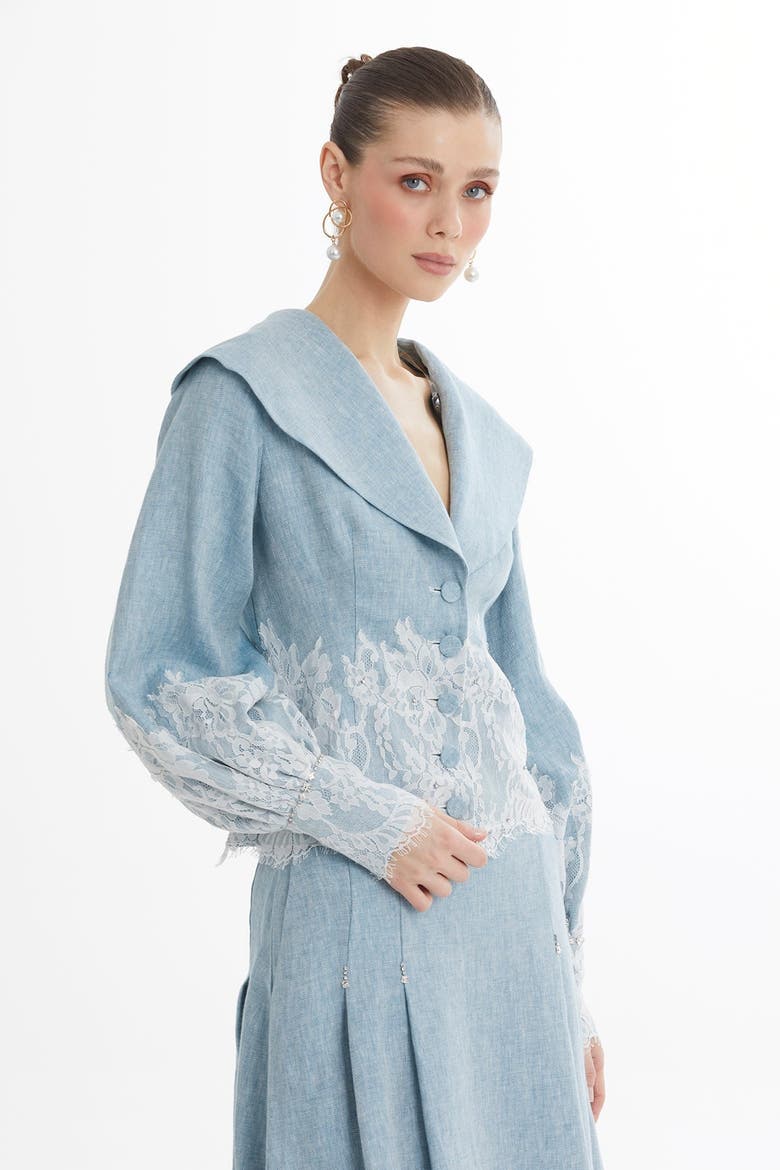 Blue Embroidered Balloon Sleeve Linen Jacket, Alternate, color, Blue