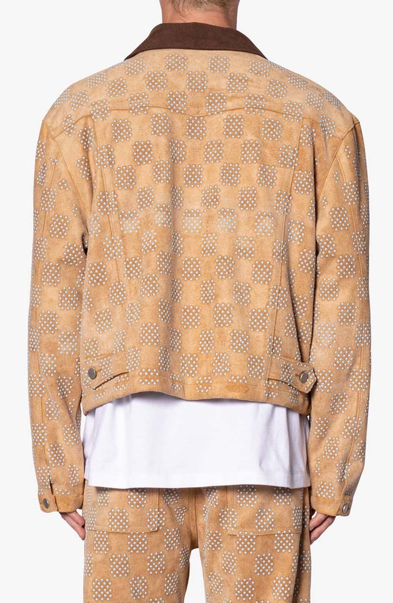 mnml Studded Turquoise Checker Corduroy Collar Trucker Jacket, Alternate, color, Tan