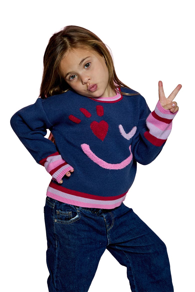 Kids' Smiley Face Sweater, Alternate, color, NIGHT BLUE COMBO