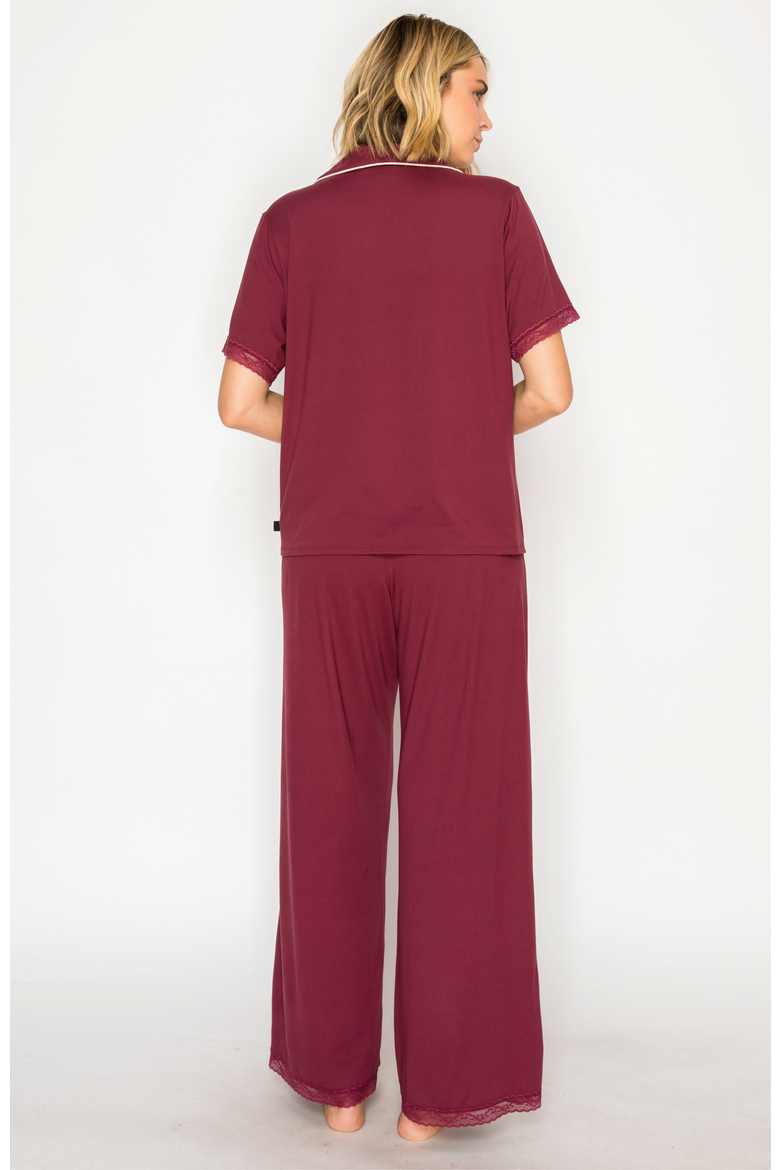 Yummy Jersey Notched Collar & Wide Leg Pants Set, Alternate, color, Ruby