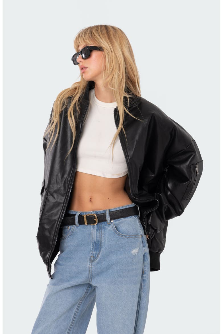 Oversize Faux Leather Bomber Jacket, Alternate, color, BLACK