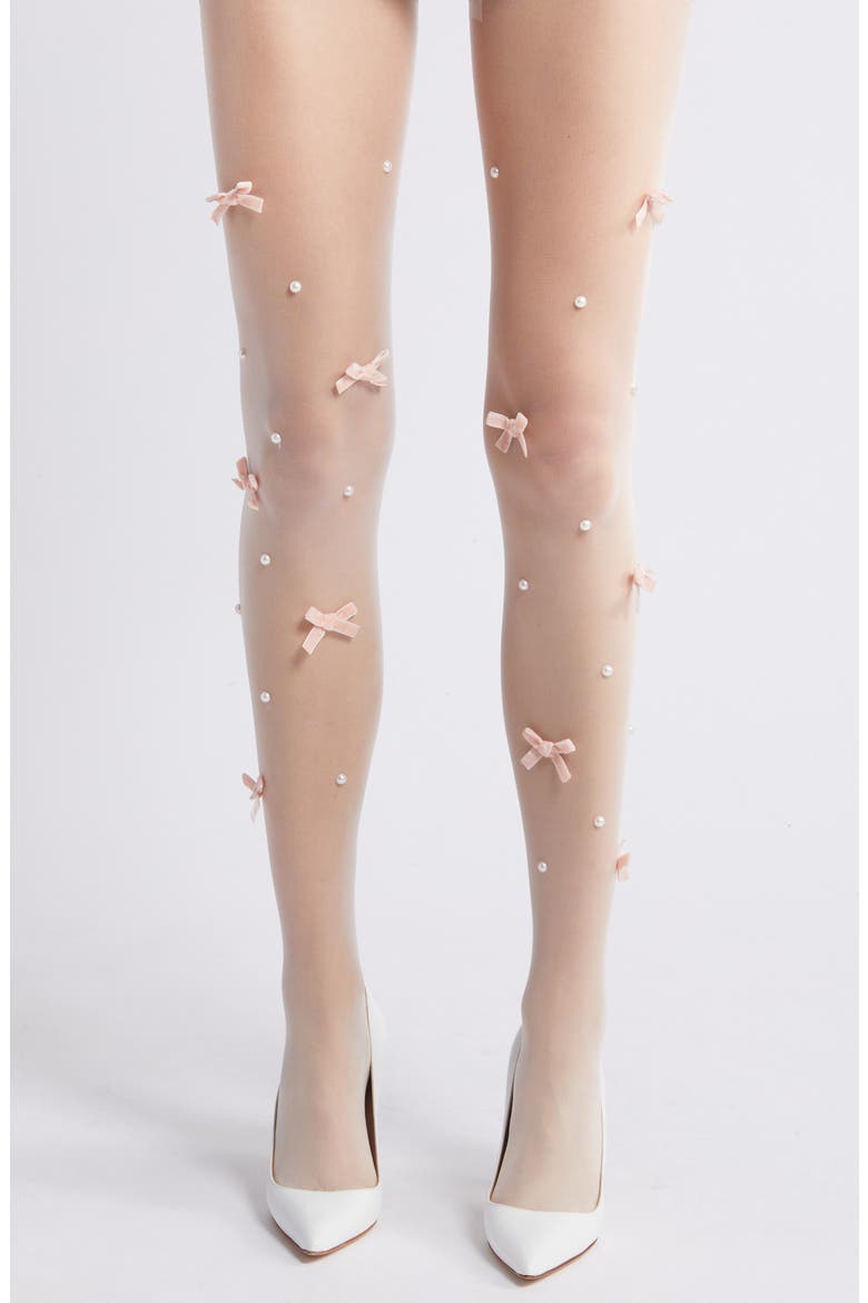 Nevermore Peek Bow Embellished Sheer Tights, Main, color, WHITE