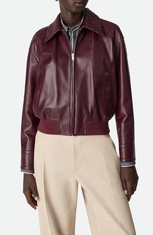 Bottega Veneta Women Bordeaux Crop Jacket With Intreccio Motif Collar And Dropped Shoulders In Leath In Burgundy