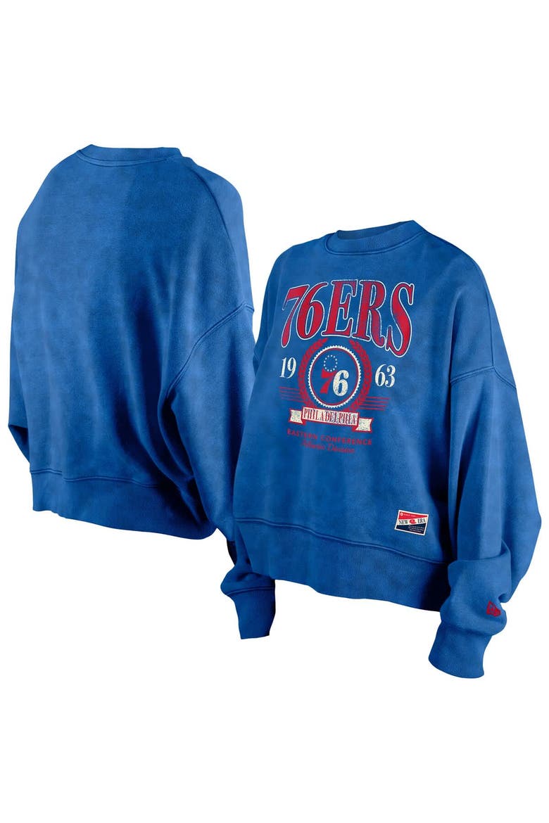 Women's New Era  Royal Philadelphia 76ers Hardwood Classics Enzyme Wash Oversized Boxy Pullover Sweatshirt, Main, color, Royal