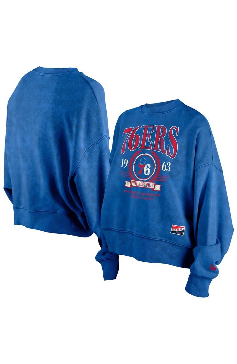 New Era Women's New Era Royal Philadelphia 76ers Hardwood Classics Enzyme Wash Oversized Boxy Pullover Sweatshirt, Main, color, Royal
