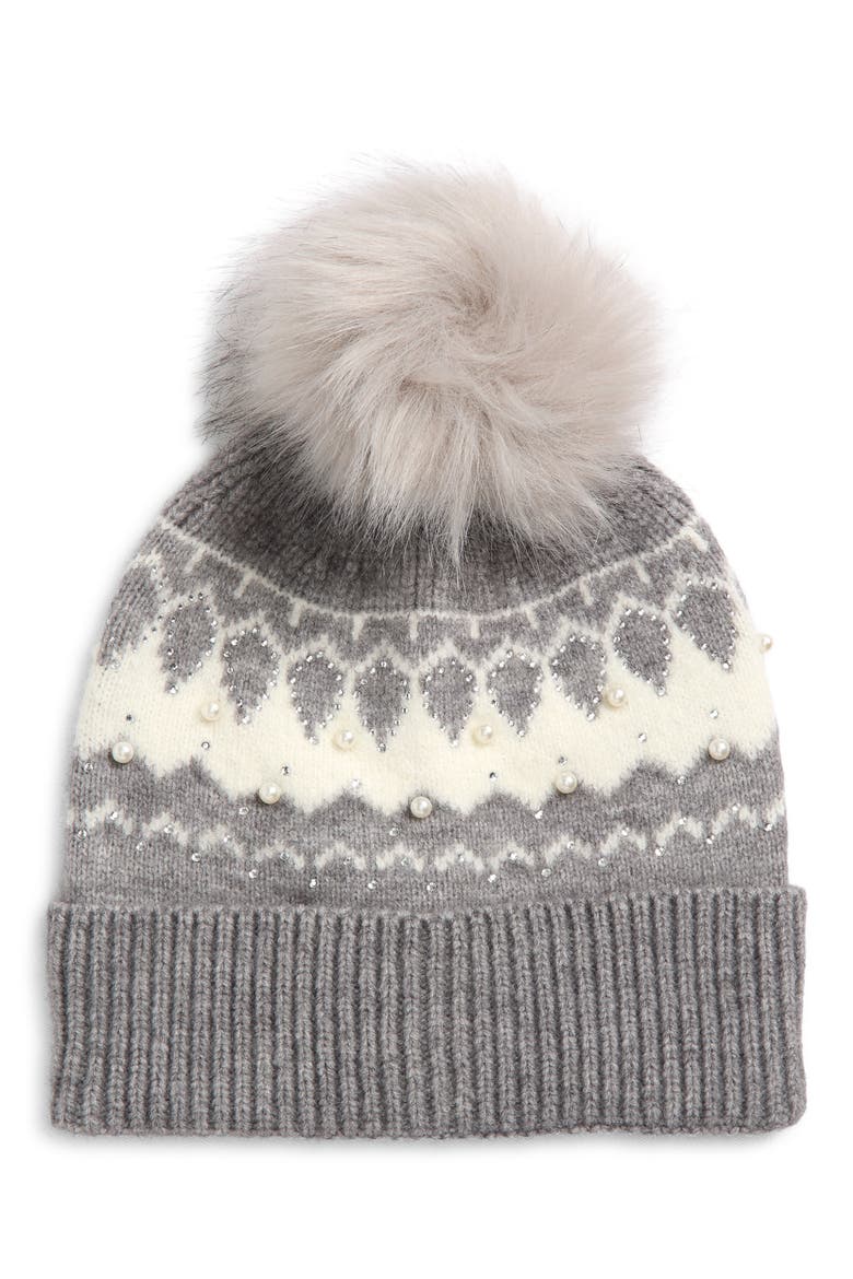 Kids' Embellished Fair Isle Pom Beanie, Main, color, GREY