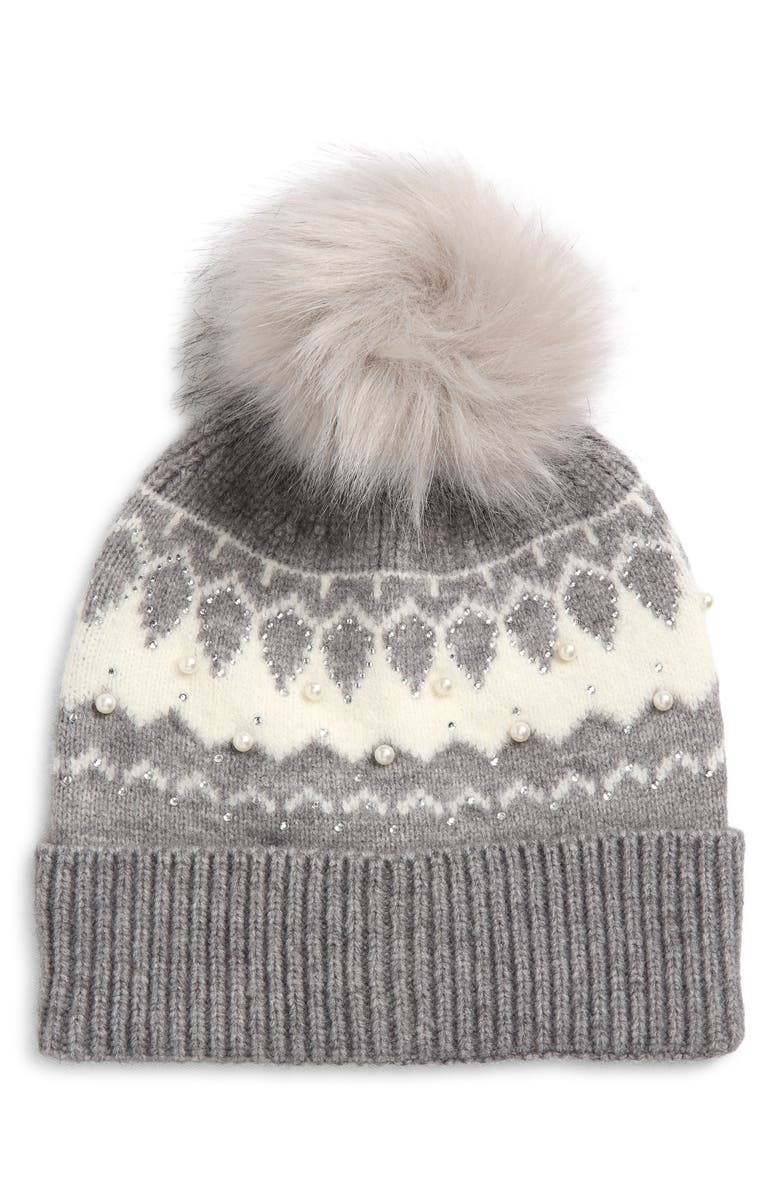 The Accessory Collective Kids' Embellished Fair Isle Pom Beanie, Main, color, Grey
