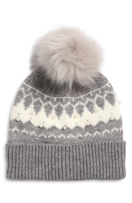 The Accessory Collective Kids' Embellished Fair Isle Pom Beanie In Gray