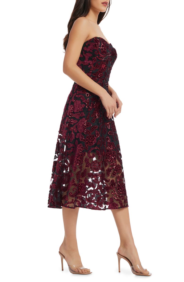Dress the Population Sadie Floral Sequin Strapless A-Line Dress, Alternate, color, Burgundy-Black