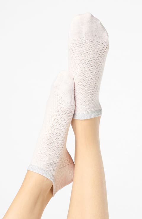 Metallic Cuff Cotton Blend Pointelle No-Show Socks