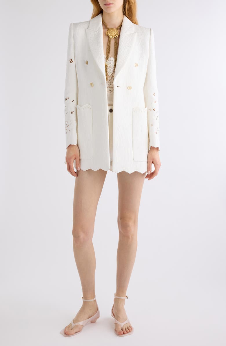 Chloé Eyelet Floral Jacquard Double Breasted Cotton Blend Jacket, Alternate, color, Iconic Milk