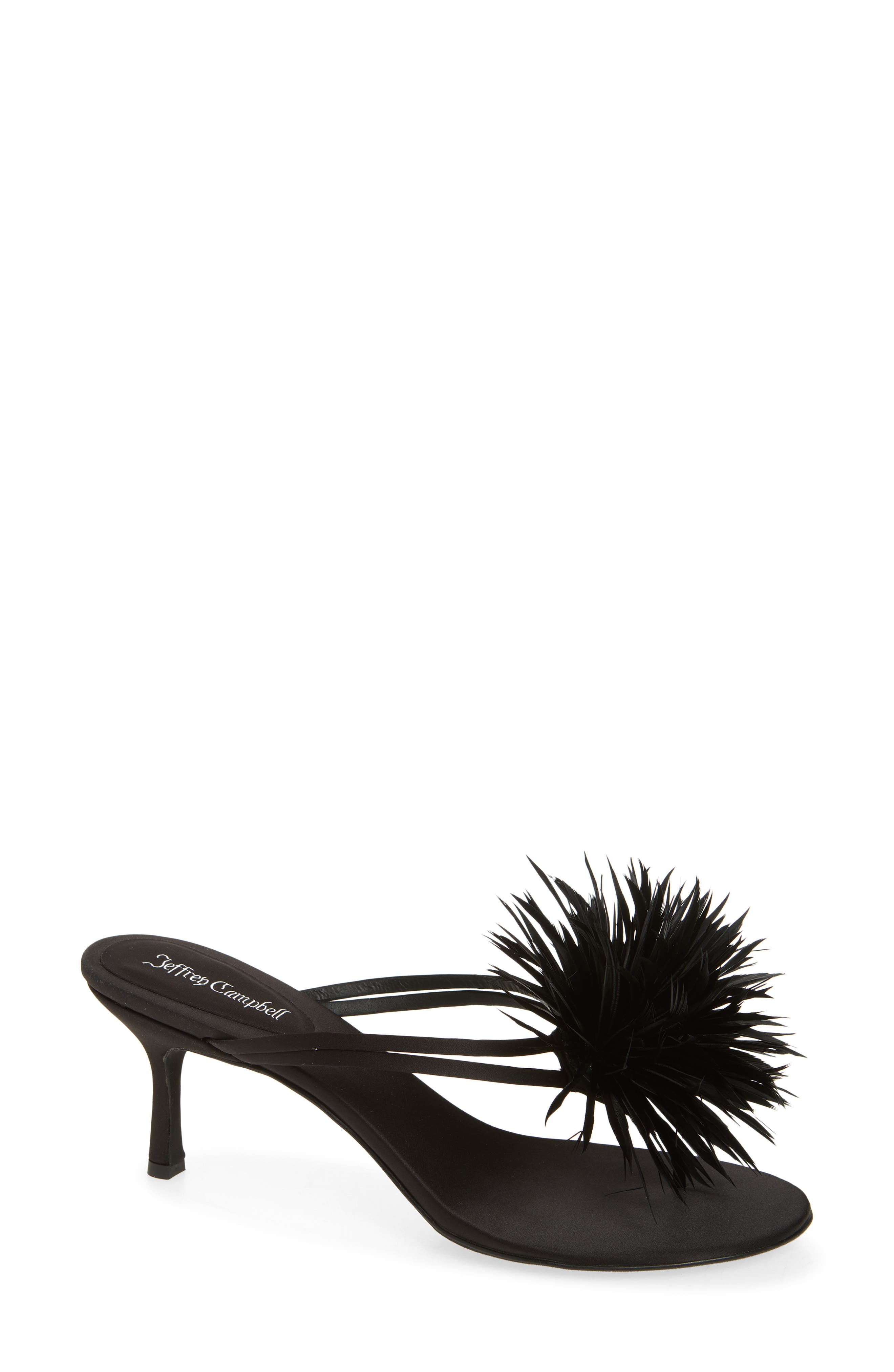 Jeffrey Campbell Firework Feather Sandal, Main, color, Black Satin