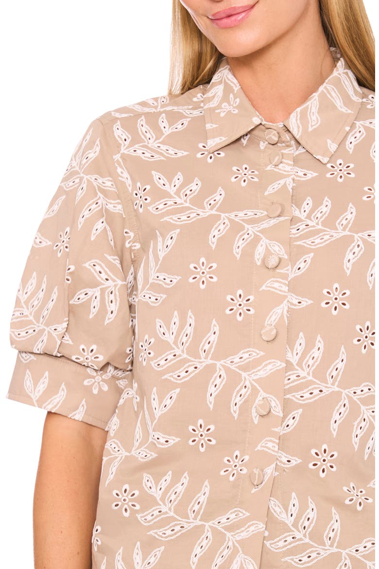 Eyelet Short Sleeve Cotton Button-Up Shirt, Alternate, color, WEATHERED TEAK