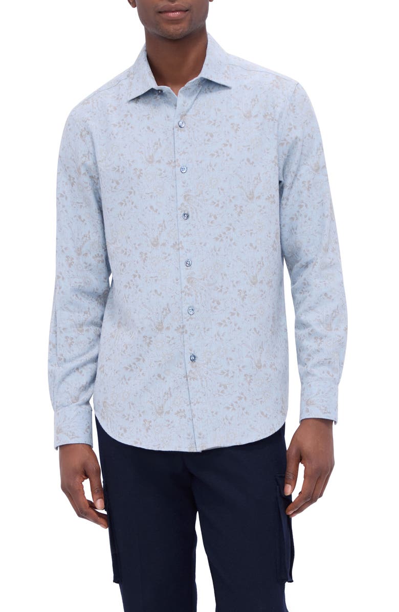 Bugatchi Axel Shaped Fit Abstract Floral Print Button-Up Shirt, Main, color, Dusty Blue