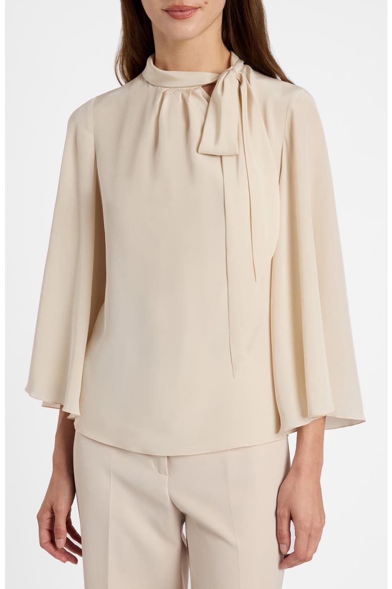 Lena Tie Neck Blouse in Silk Crepe De Chine, Alternate, color, Latte