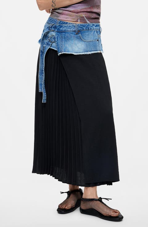 Pleated Denim Waist Maxi Skirt