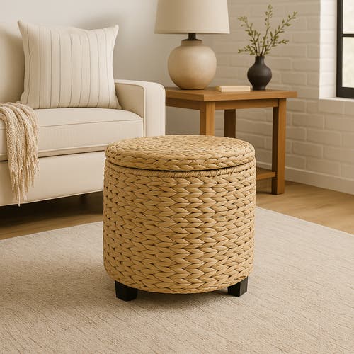 Happimess Addie 17.72" Modern Coastal Handwoven Water Hyacinth Storage Ottoman With Lid
