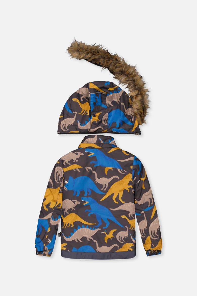 Play Dinosaur Jacket & Reinforced Pants Two Piece Snowsuit, Alternate, color, Grey and Blue Dinosaur Print