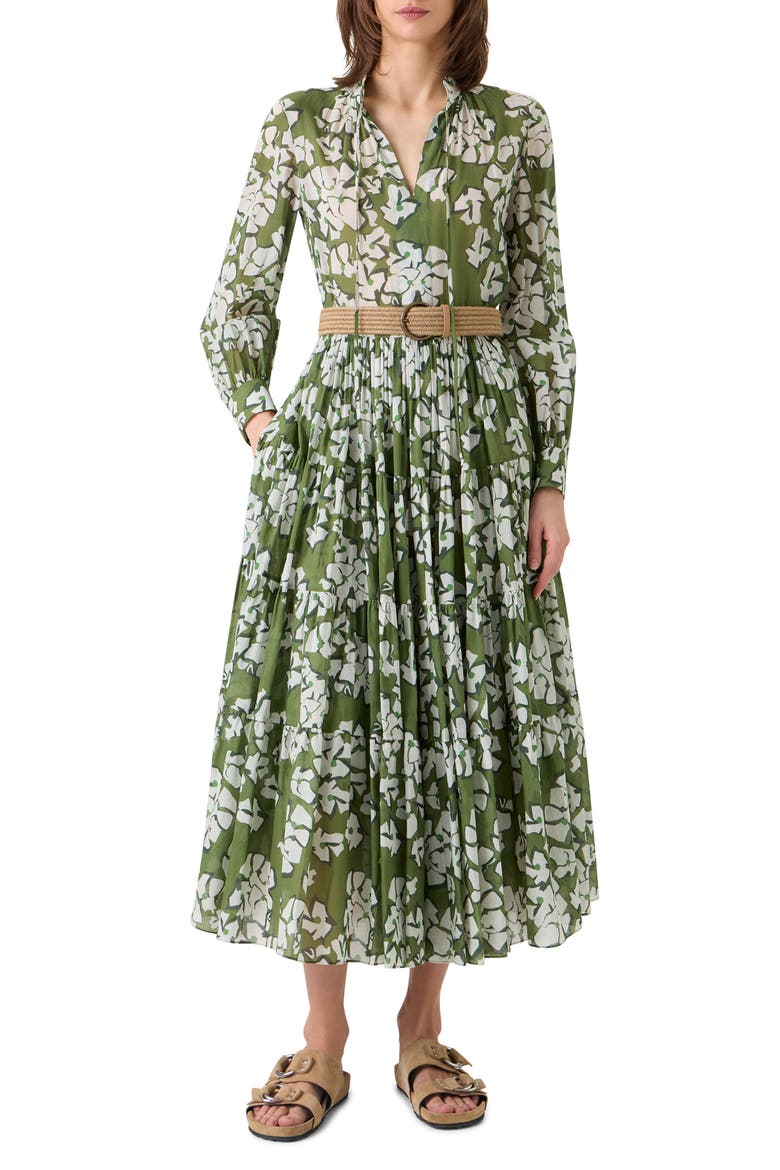 Papercut Flower Long Sleeve Belted Cotton Muslin Tiered Maxi Dress, Main, color, GREEN TEA-CREAM-OLIVE