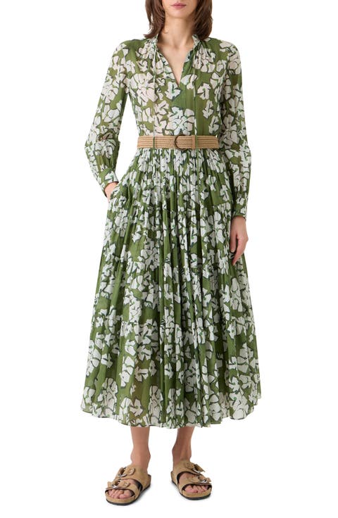 Papercut Flower Long Sleeve Belted Cotton Muslin Tiered Maxi Dress