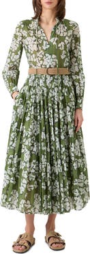 Akris punto Papercut Flower Long Sleeve Belted Cotton Muslin Tiered Maxi Dress
