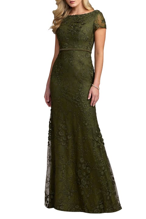 Floral Applique Boat Neck Cap Sleeve Gown