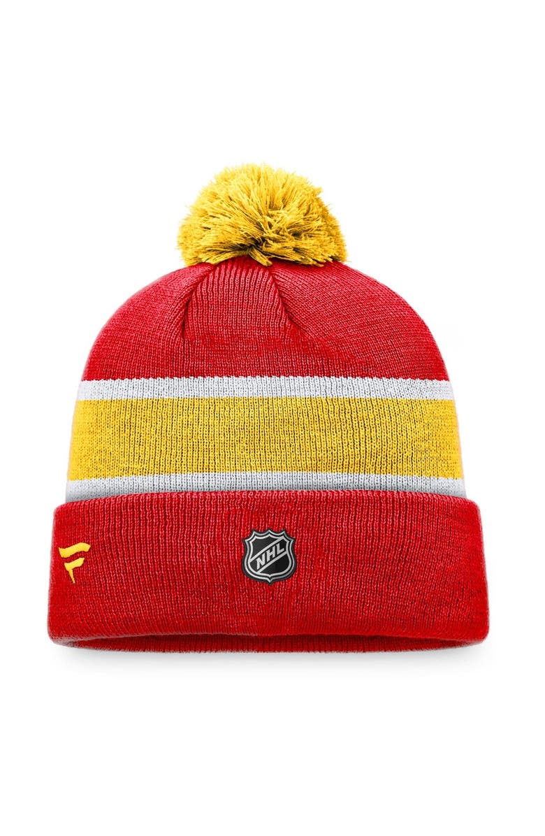 FANATICS Men's Fanatics Branded Red/Yellow Calgary Flames Breakaway Cuffed Knit Hat with Pom, Alternate, color, 