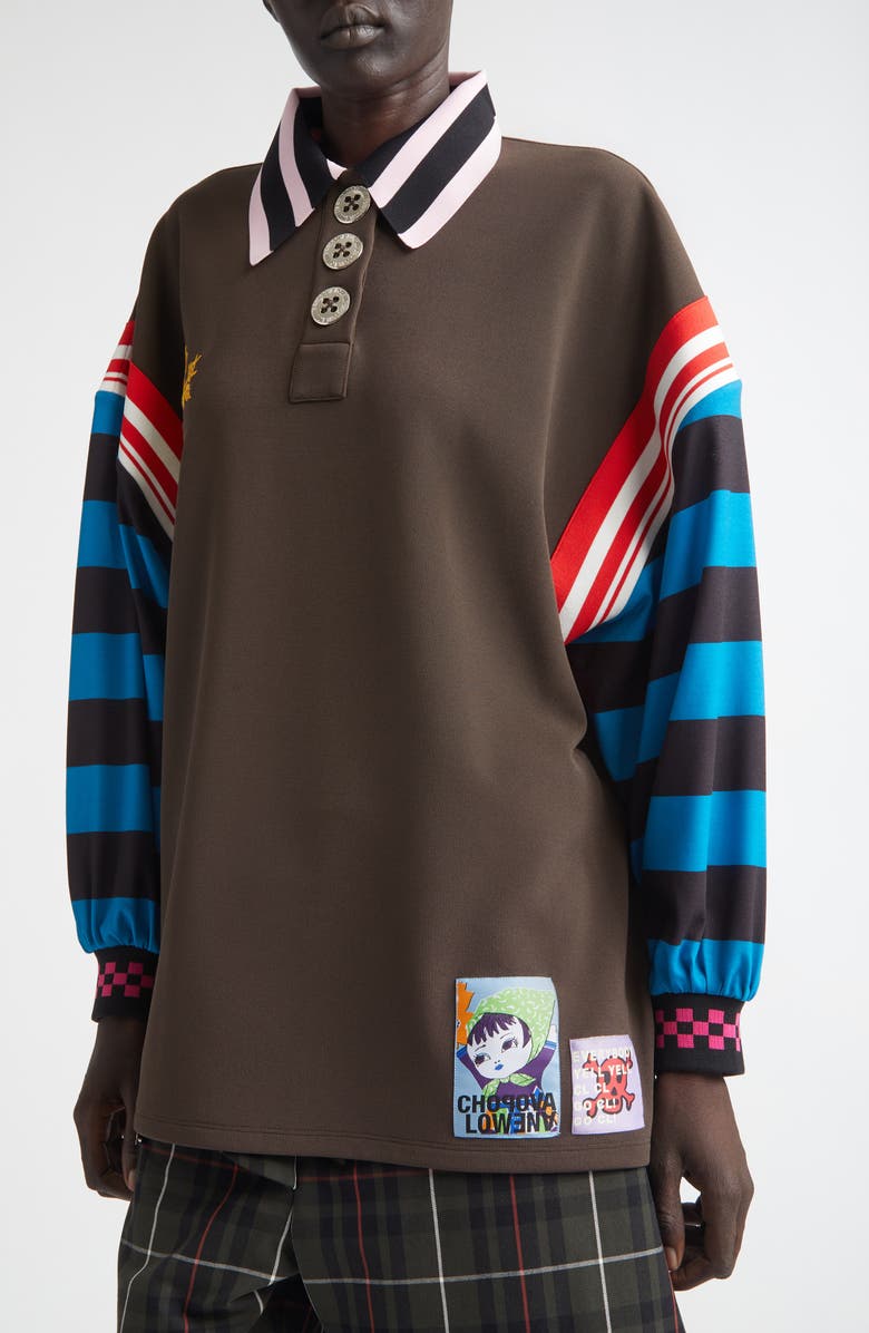 Chopova Lowena Mixed Stripe Patchwork Polo, Alternate, color, Brown Multi