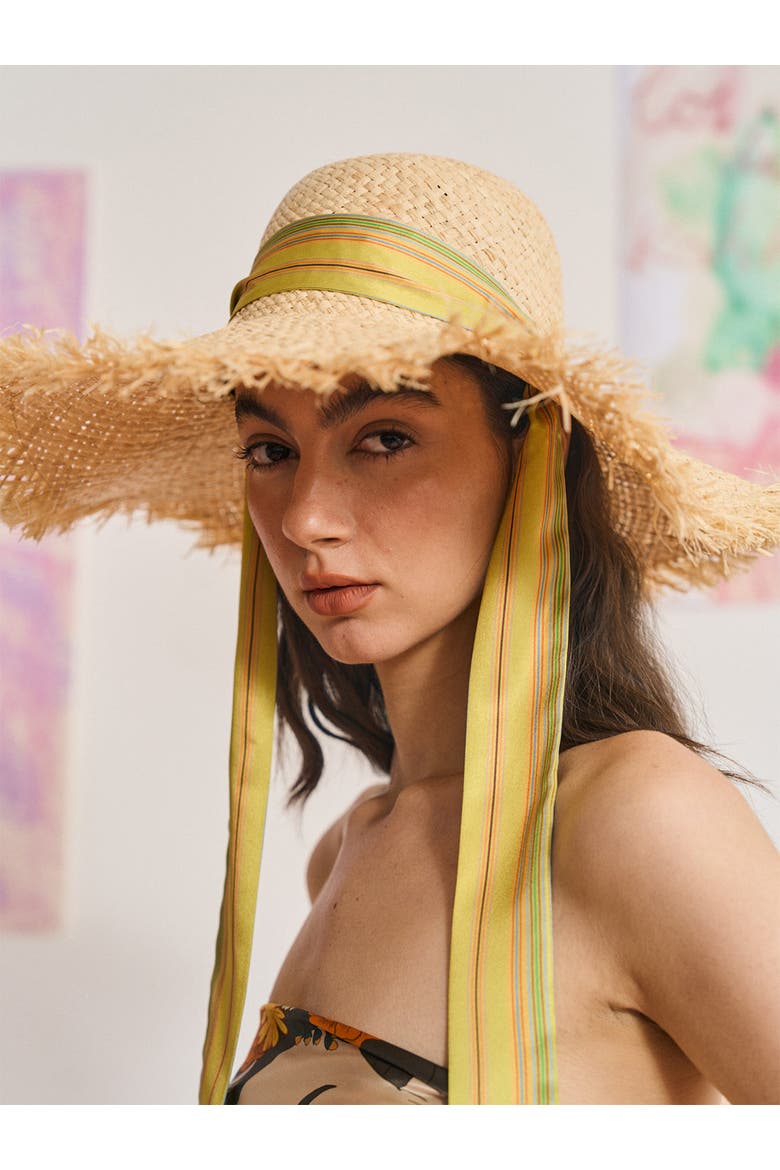 FRIDA x LOST PATTERN "Frida's Garden" Straw Hat with Ribbon Tie, Alternate, color, Green