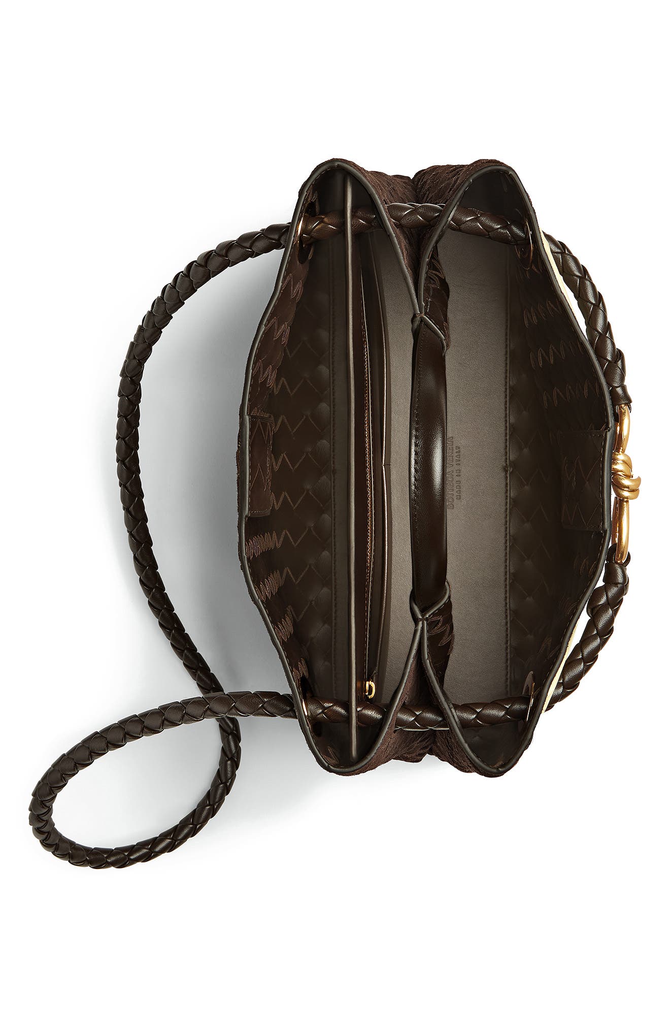 Bottega Veneta Medium Andiamo Intrecciato Suede Shoulder Bag, Alternate, color, Fondant