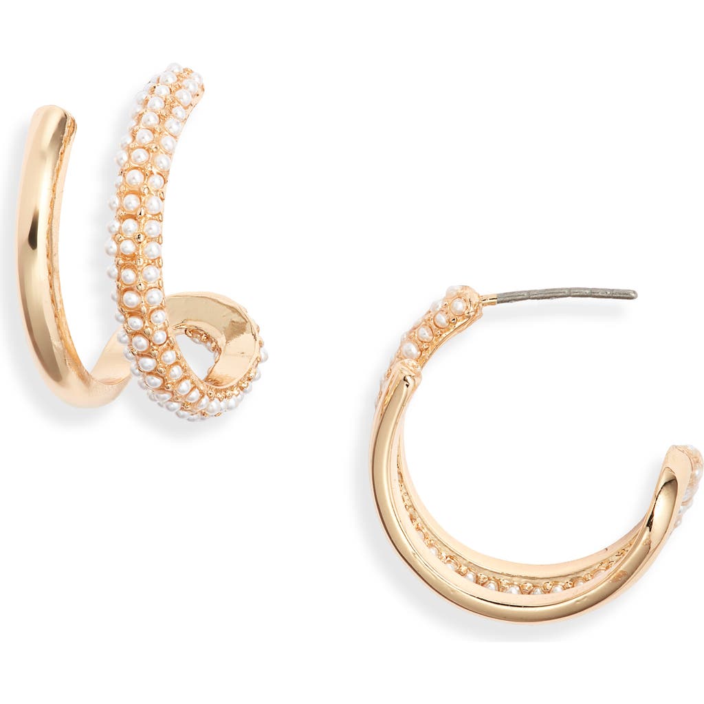 Open Edit Faux Pearl Hoop Earrings In Gold
