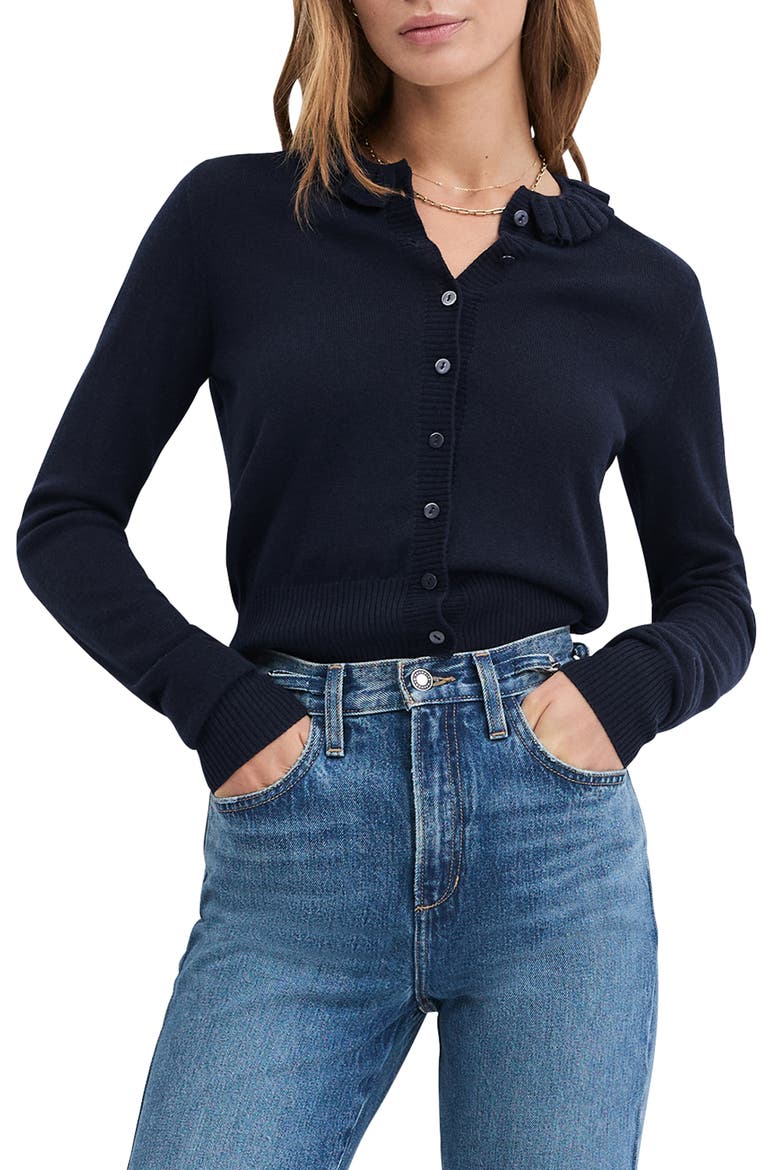 The Meet the Parents Ruffle Neck Wool Cardigan, Main, color, NAVY