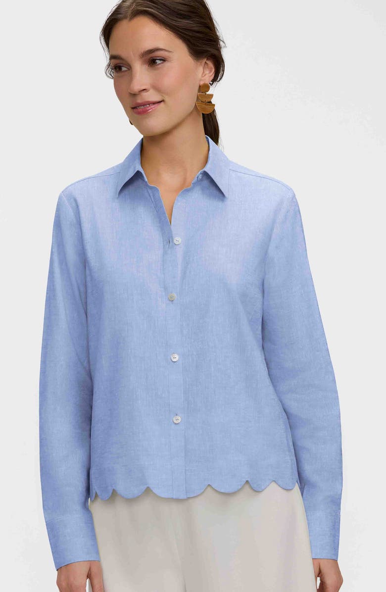 Foxcroft Scallop Hem Linen Blend Button-Up Shirt, Alternate, color, Powder Blue