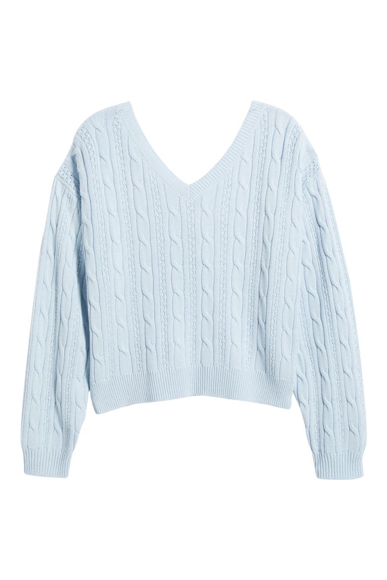 Bow Back Cable Knit Sweater, Alternate, color, BLUE- IVORY SATIN BOW