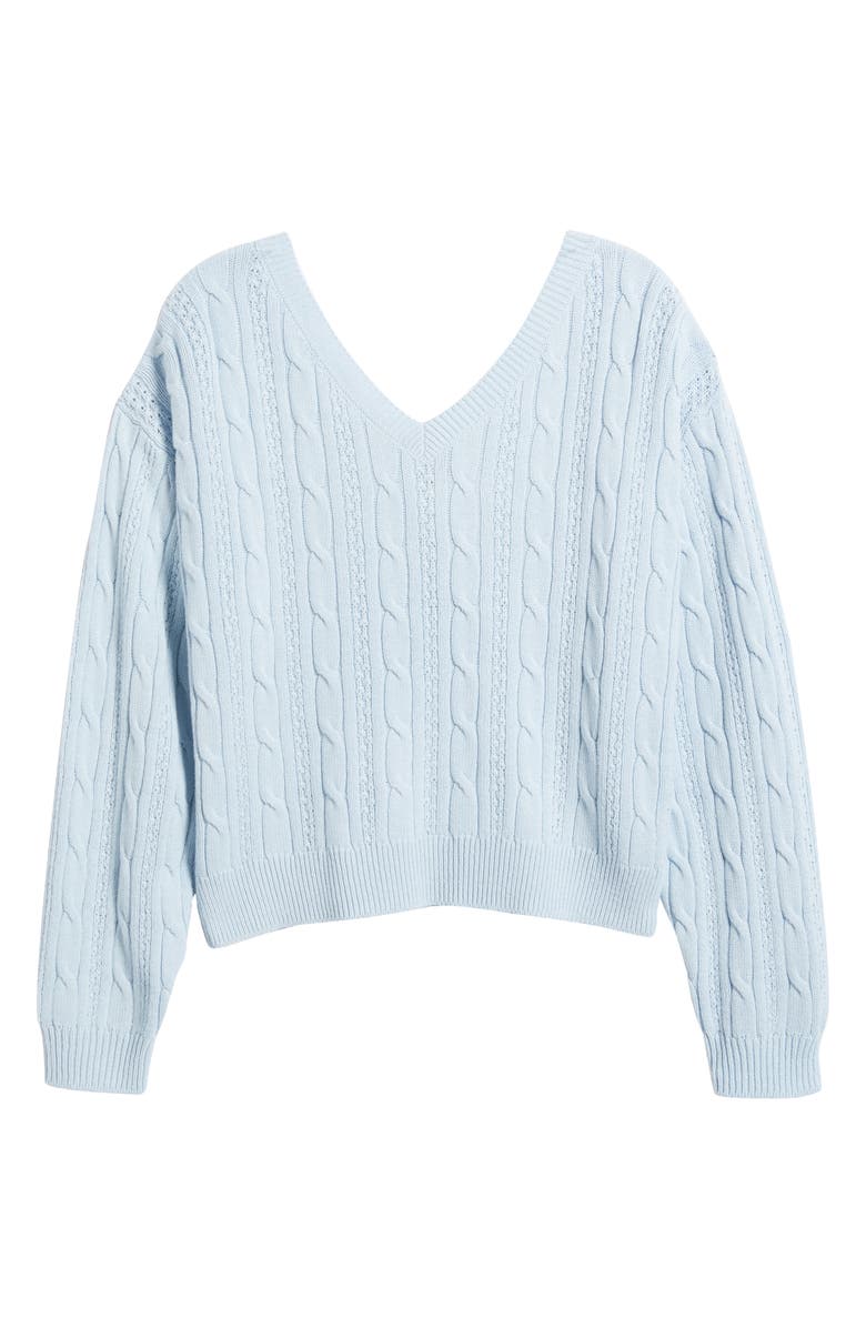 BP. Bow Back Cable Knit Sweater, Alternate, color, Blue- Ivory Satin Bow