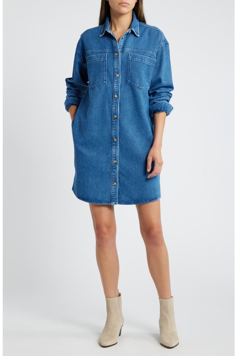 Long Sleeve Denim Shirtdress, Main, color, MEDIUM WASH