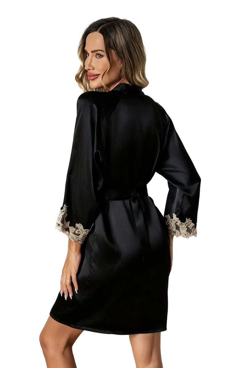 SILKSILKY Pure Silk 3/4 Sleeves Belted Short Robe With Lace Design, Alternate, color, Black