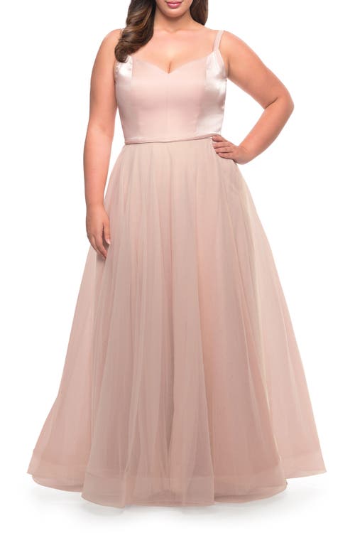 La Femme Long Plus Size Gown With Tulle Skirt And Satin Top