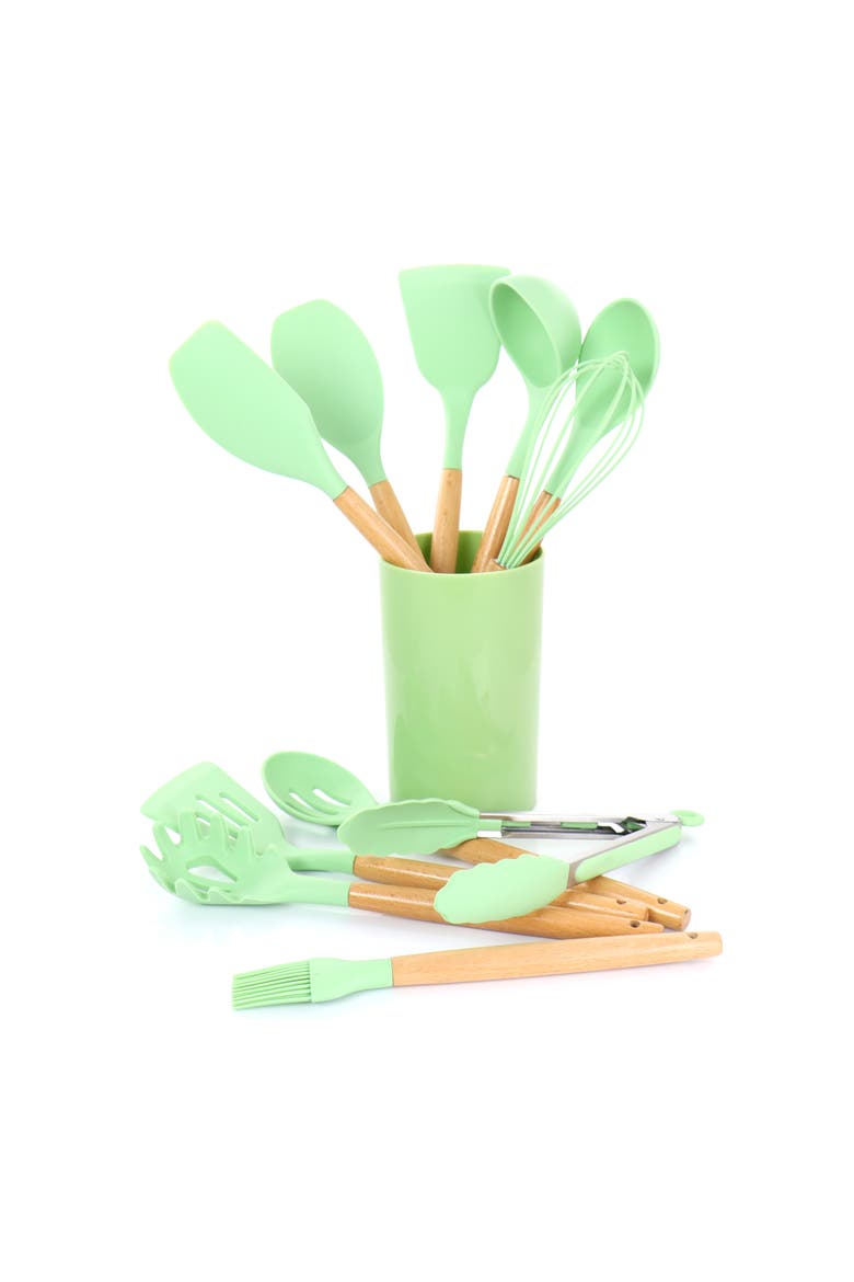 Silicone and Wood Cooking Utensils, Set of 12, Alternate, color, Mint Green
