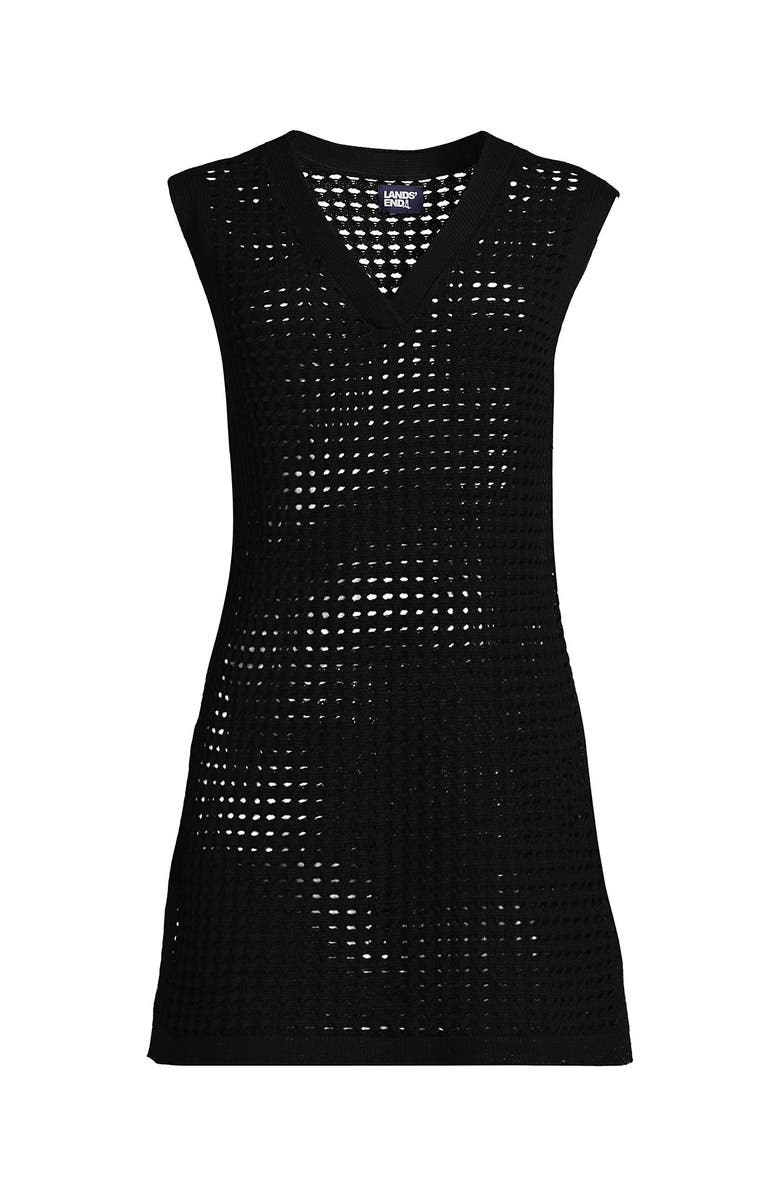 Lands' End Cotton Open Knit V-Neck Swim Cover-up Dress, Alternate, color, Black