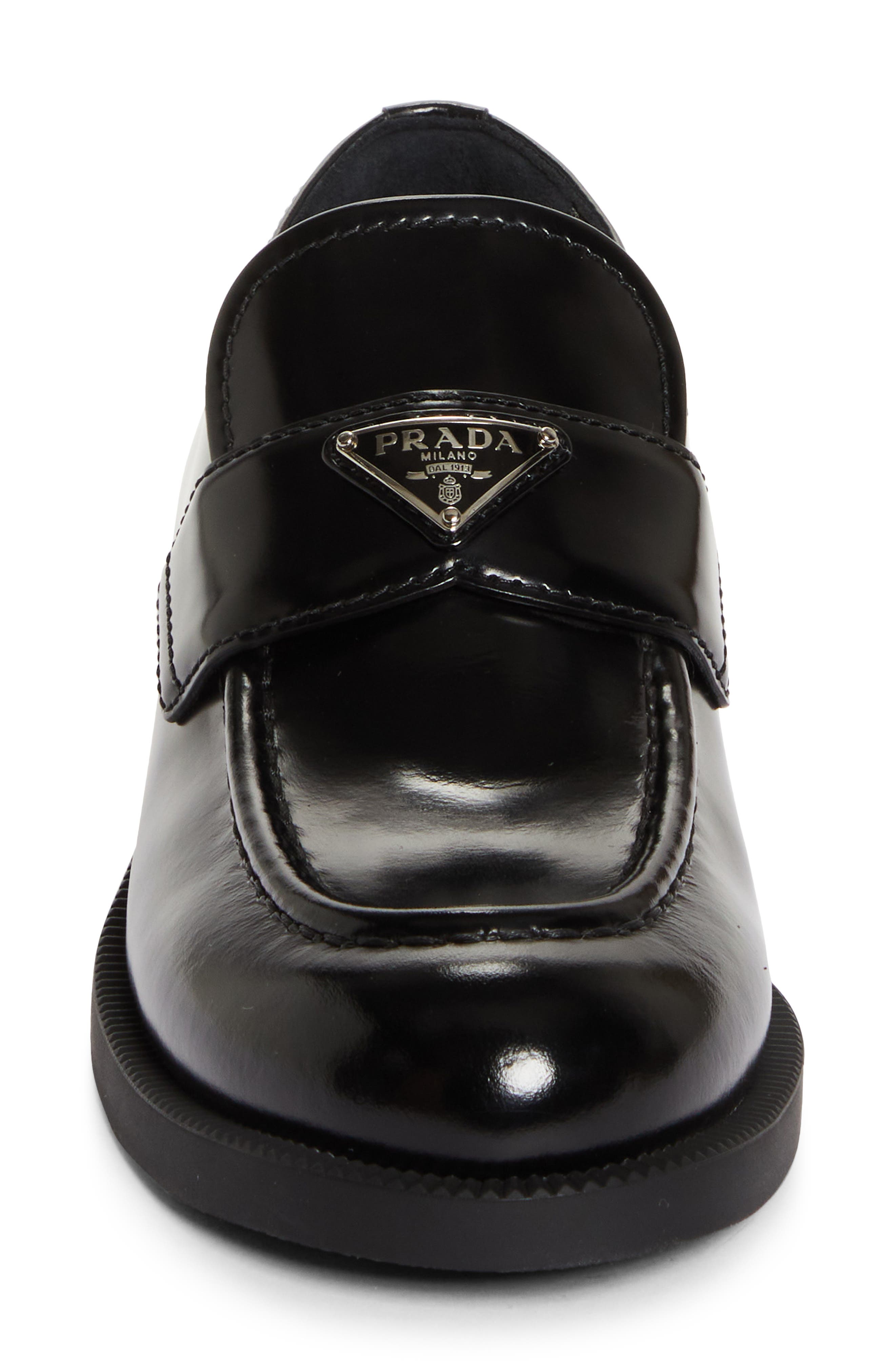 Prada Triangle Logo Patent Leather Loafer, Alternate, color, Nero