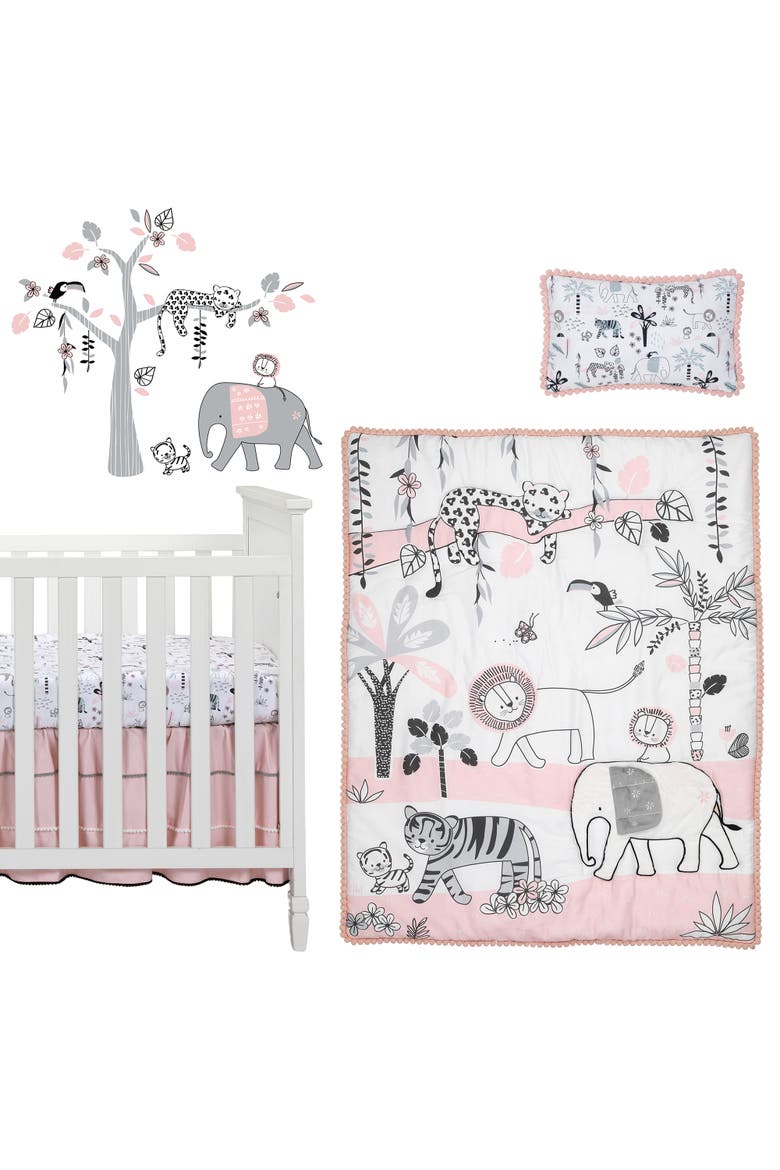 Happy Jungle Safari Nursery 5-Piece Crib Bedding Set, Main, color, Pink