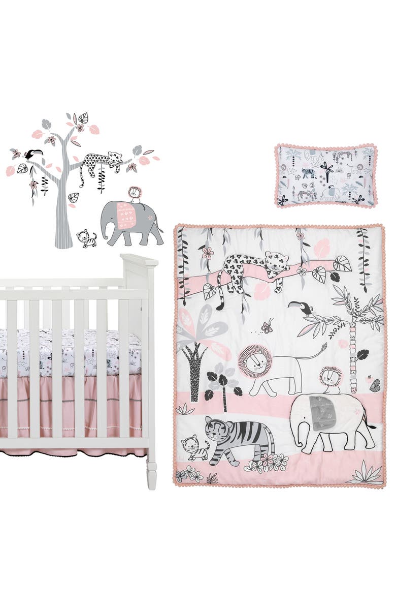 Lambs & Ivy Happy Jungle Safari Nursery 5-Piece Crib Bedding Set, Main, color, Pink
