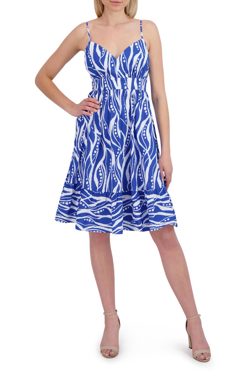 Laundry by Shelli Segal Wave Print Cotton Fit & Flare Sundress, Main, color, Blue Lapis