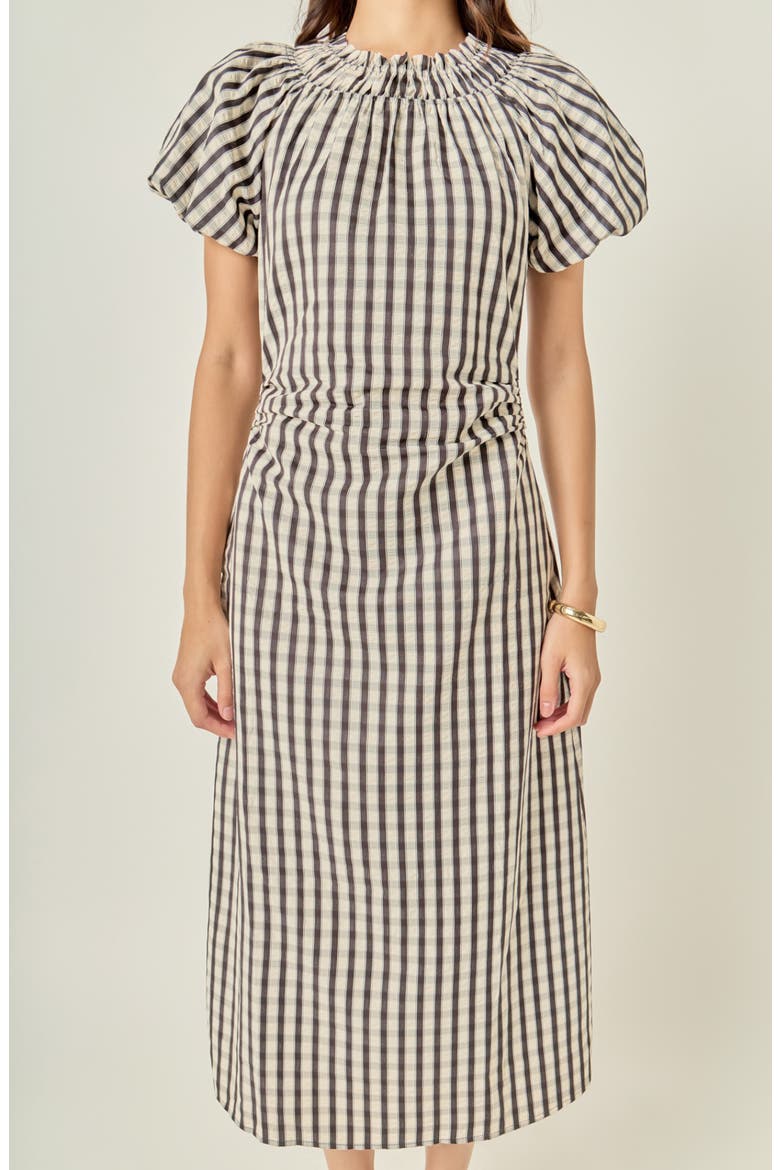 Smocked Neck Gingham Midi Dress, Alternate, color, BLACK MULTI