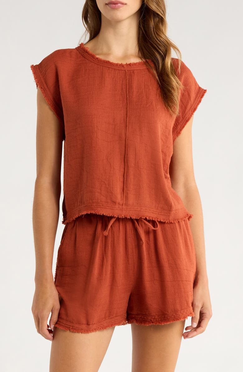 Elan Bali Fray Edge Cotton Cover-Up Crop Top, Main, color, Clay