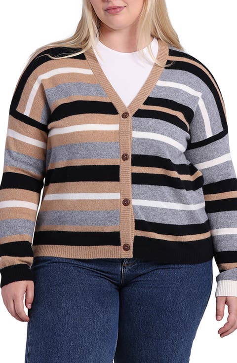 Stripe Cashmere Cardigan (Plus)