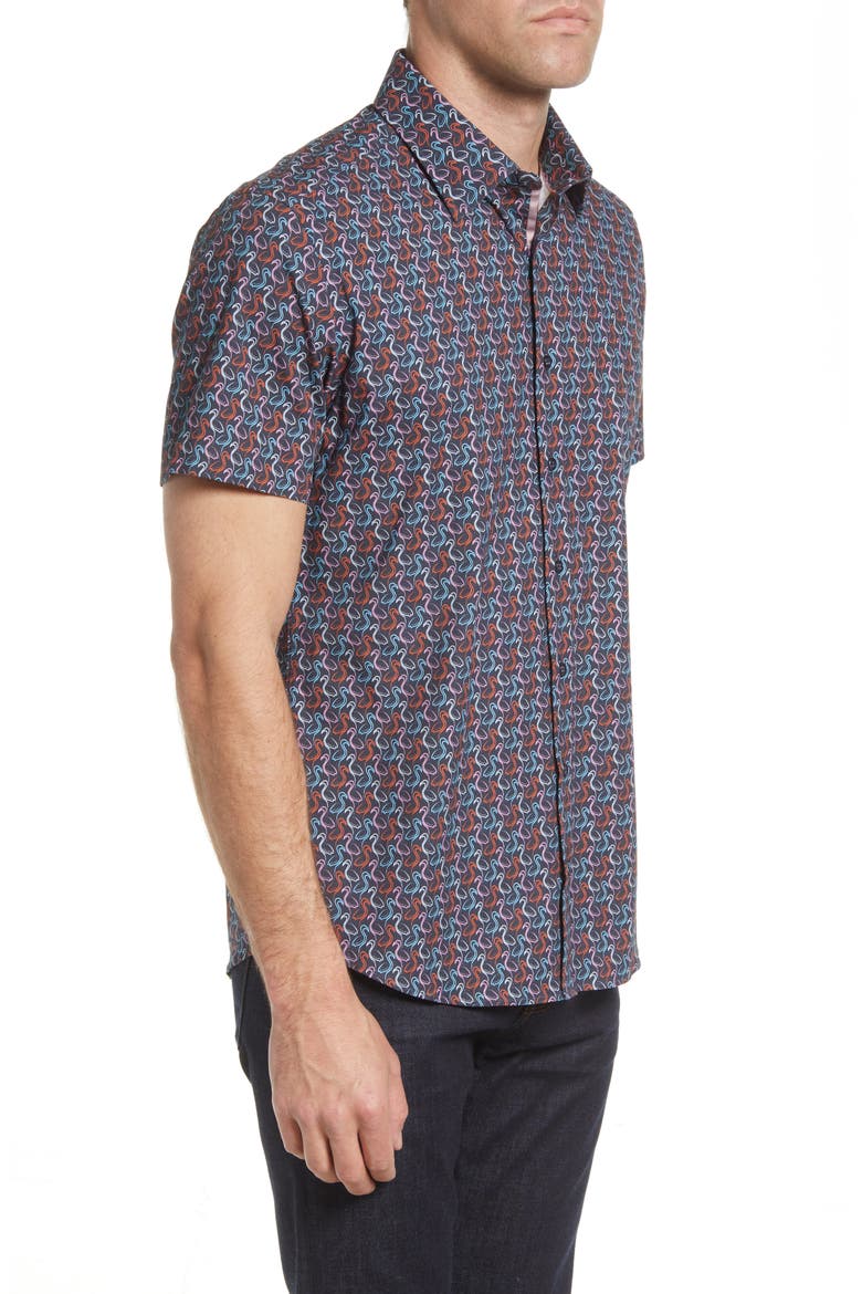 Floral Short Sleeve Stretch Button-Up Shirt, Alternate, color, NAVY